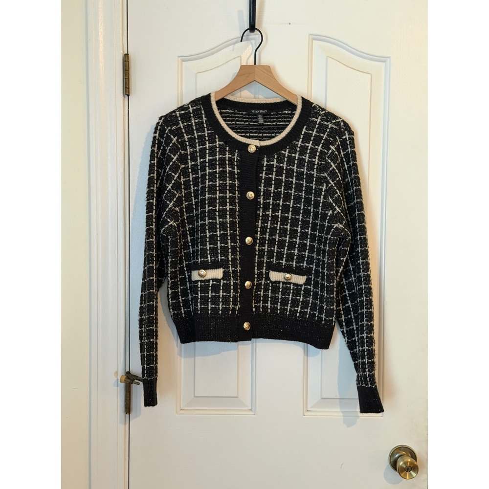 Ellen Tracy | Plaid Stitch Lady Jacket Cardigan Large Black Metallic Gold Button - Picture 4 of 10